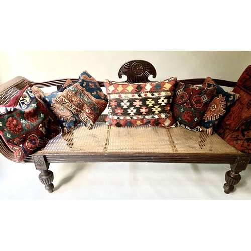 236 - ANGLO INDIAN SEAT, mid 19th century, carved teak and cane panelled, with reeded turned supports and ... 