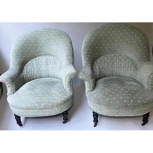 237 - ARMCHAIRS, a pair Edwardian green weave fabric upholstered with rounded arched backs and turned supp... 