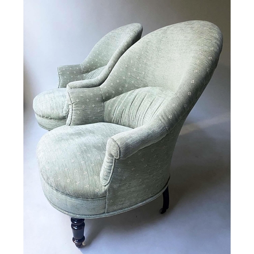 237 - ARMCHAIRS, a pair Edwardian green weave fabric upholstered with rounded arched backs and turned supp... 