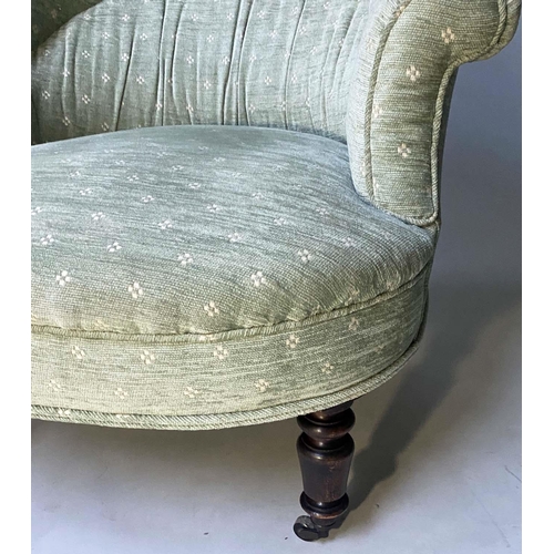 237 - ARMCHAIRS, a pair Edwardian green weave fabric upholstered with rounded arched backs and turned supp... 