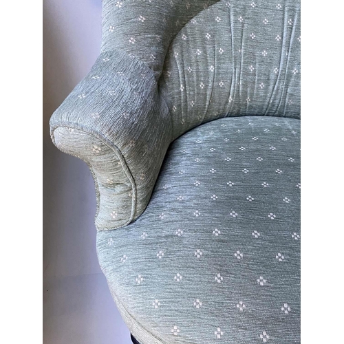 237 - ARMCHAIRS, a pair Edwardian green weave fabric upholstered with rounded arched backs and turned supp... 