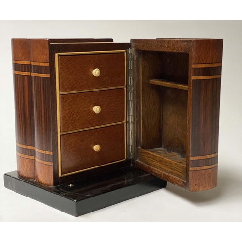 228 - MINIATURE CHEST, Linley style coromandel and birds eye maple, formed as three faux books, opening to... 