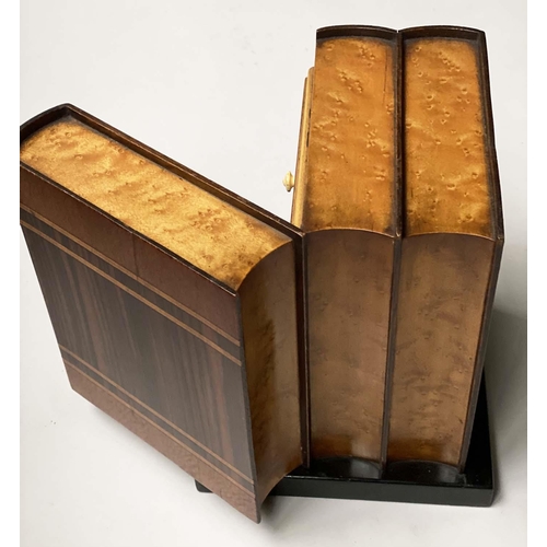 228 - MINIATURE CHEST, Linley style coromandel and birds eye maple, formed as three faux books, opening to... 