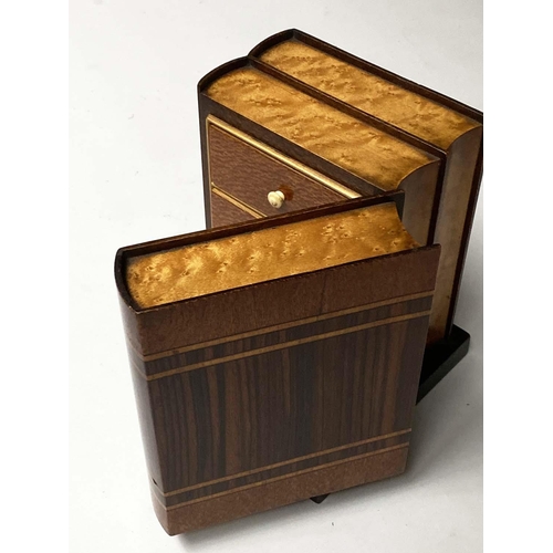 228 - MINIATURE CHEST, Linley style coromandel and birds eye maple, formed as three faux books, opening to... 