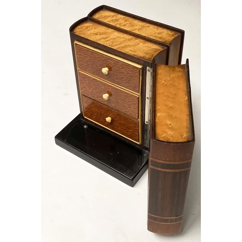228 - MINIATURE CHEST, Linley style coromandel and birds eye maple, formed as three faux books, opening to... 