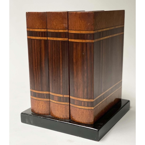 228 - MINIATURE CHEST, Linley style coromandel and birds eye maple, formed as three faux books, opening to... 