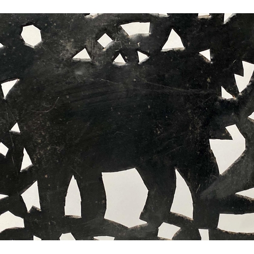 229 - ELEPHANT FENDER, wrought iron with candlestick standards and elephants pierced panel, 97cm x 94cm H.