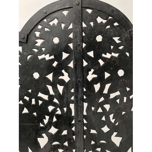229 - ELEPHANT FENDER, wrought iron with candlestick standards and elephants pierced panel, 97cm x 94cm H.