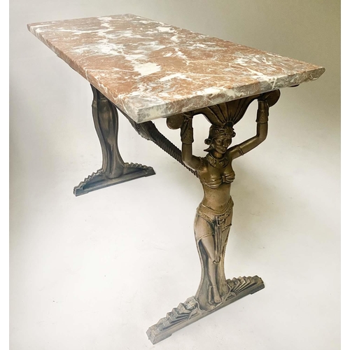 230 - CONSOLE TABLE, rectangular variegated marble top, on Egyptian style gilt metal trestle supports, 102... 