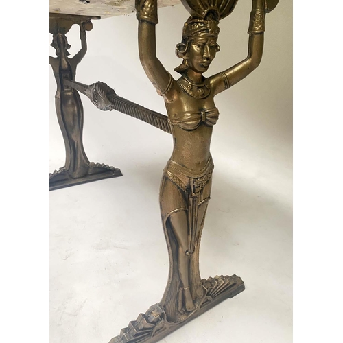 230 - CONSOLE TABLE, rectangular variegated marble top, on Egyptian style gilt metal trestle supports, 102... 