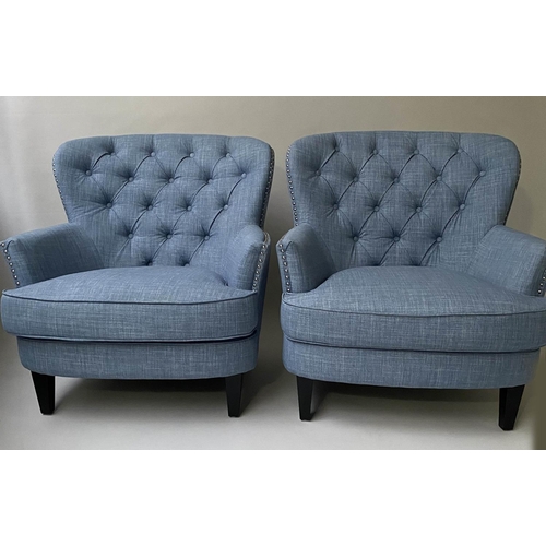 231 - ARMCHAIRS, a pair, chrome studded and deep button upholstered with arched wrap around backs, 83cm W.... 