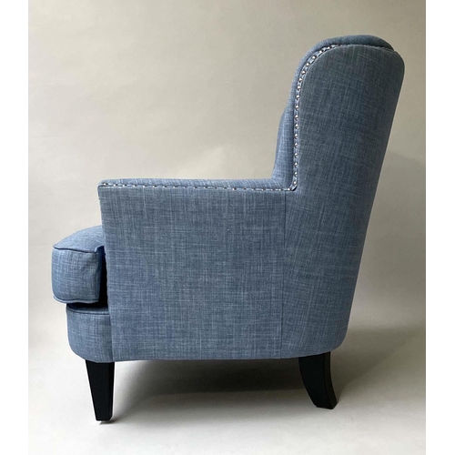 231 - ARMCHAIRS, a pair, chrome studded and deep button upholstered with arched wrap around backs, 83cm W.... 