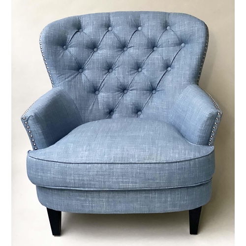 231 - ARMCHAIRS, a pair, chrome studded and deep button upholstered with arched wrap around backs, 83cm W.... 