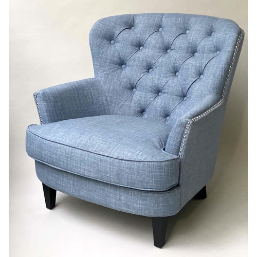 231 - ARMCHAIRS, a pair, chrome studded and deep button upholstered with arched wrap around backs, 83cm W.... 