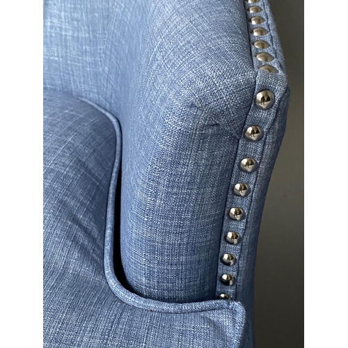 231 - ARMCHAIRS, a pair, chrome studded and deep button upholstered with arched wrap around backs, 83cm W.... 