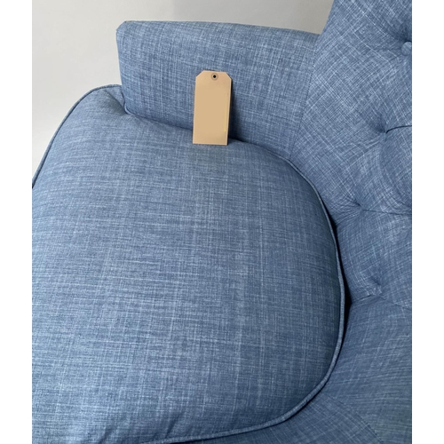 231 - ARMCHAIRS, a pair, chrome studded and deep button upholstered with arched wrap around backs, 83cm W.... 