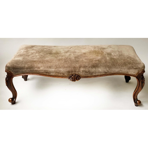 232 - HEARTH STOOL, Victorian rectangular carved walnut and brass studded velvet, 120cm x 52cm x 43cm H.