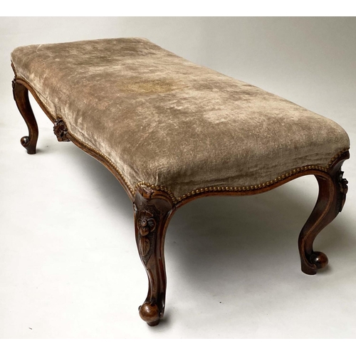 232 - HEARTH STOOL, Victorian rectangular carved walnut and brass studded velvet, 120cm x 52cm x 43cm H.