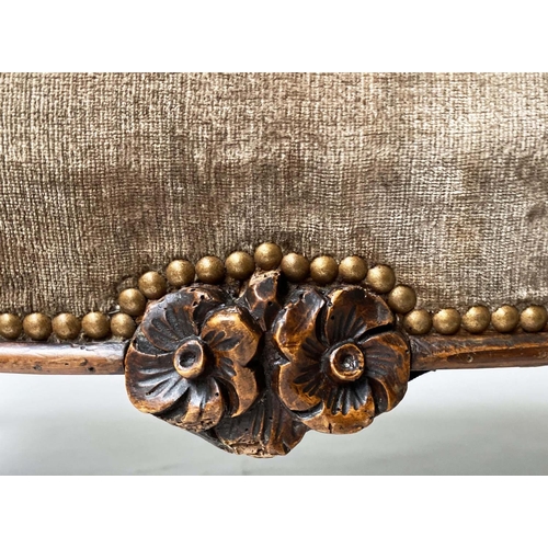 232 - HEARTH STOOL, Victorian rectangular carved walnut and brass studded velvet, 120cm x 52cm x 43cm H.