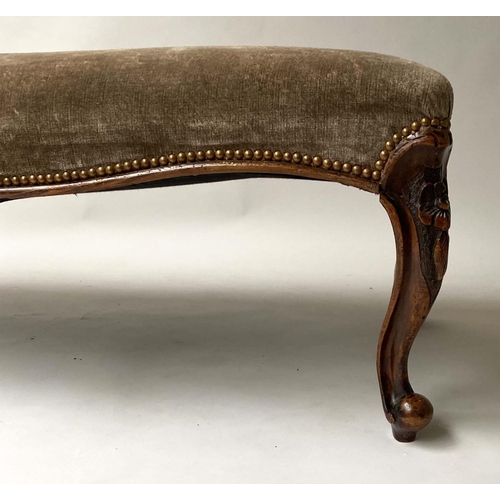 232 - HEARTH STOOL, Victorian rectangular carved walnut and brass studded velvet, 120cm x 52cm x 43cm H.