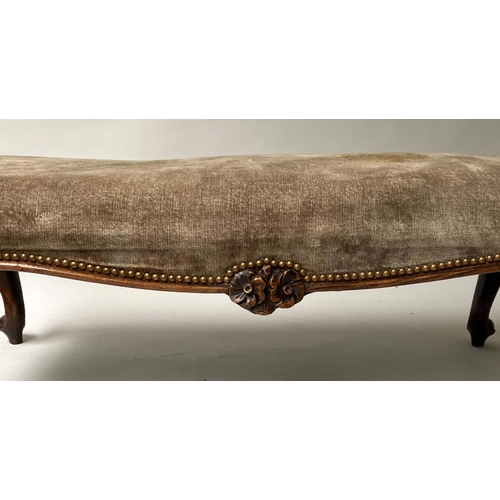 232 - HEARTH STOOL, Victorian rectangular carved walnut and brass studded velvet, 120cm x 52cm x 43cm H.