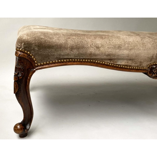 232 - HEARTH STOOL, Victorian rectangular carved walnut and brass studded velvet, 120cm x 52cm x 43cm H.