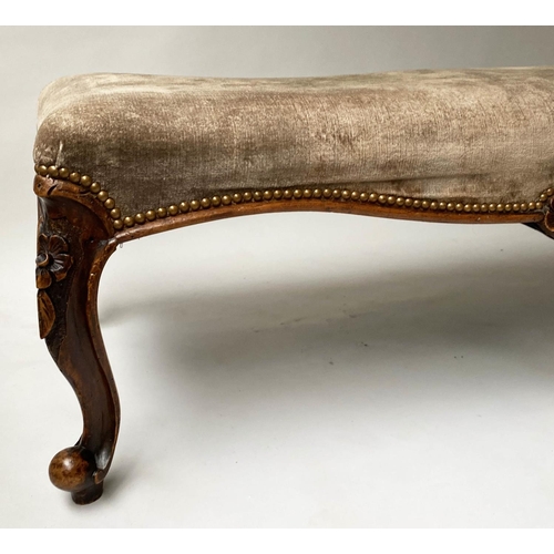 232 - HEARTH STOOL, Victorian rectangular carved walnut and brass studded velvet, 120cm x 52cm x 43cm H.