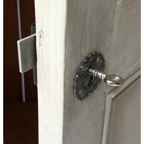 222 - ARMOIRE, French style, grey painted, with two panelled doors enclosing hanging space above a drawer,... 