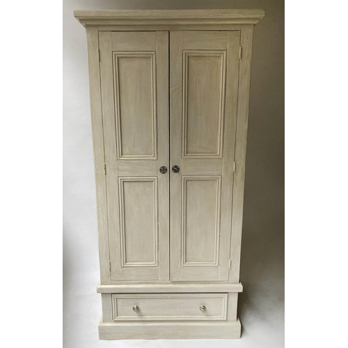 222 - ARMOIRE, French style, grey painted, with two panelled doors enclosing hanging space above a drawer,... 