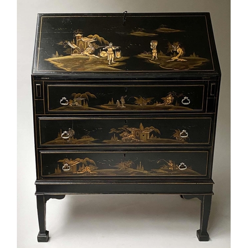 223 - BUREAU, early 20th century 1920's, lacquered and gilt Chinoiserie decorated, with foldover writing s... 