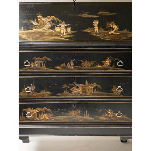 223 - BUREAU, early 20th century 1920's, lacquered and gilt Chinoiserie decorated, with foldover writing s... 