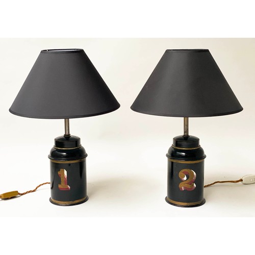 224 - TOLEWARE TABLE LAMPS, a pair, early 20th century gilt lettered toleware tea canisters converted to l... 