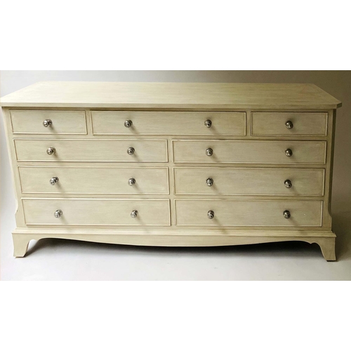 226 - LOW CHEST, George III design grey painted with nine drawers, 152cm x 49cm x 74cm H.