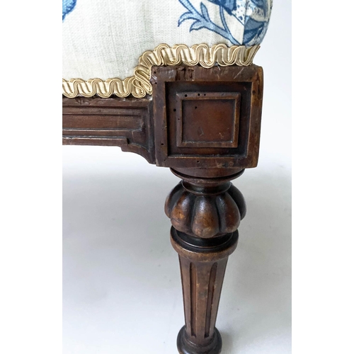218 - HEARTH STOOL IN COLEFAX AND FOWLER FABRIC, Victorian walnut, with rectangular Colefax and Fowler uph... 