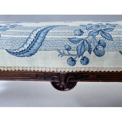 218 - HEARTH STOOL IN COLEFAX AND FOWLER FABRIC, Victorian walnut, with rectangular Colefax and Fowler uph... 