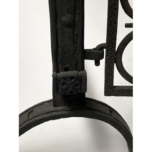 220 - FIREDOGS/FENDER, wrought iron with two fire dog ends and suspended grillwork fender, 141cm x 79cm H.