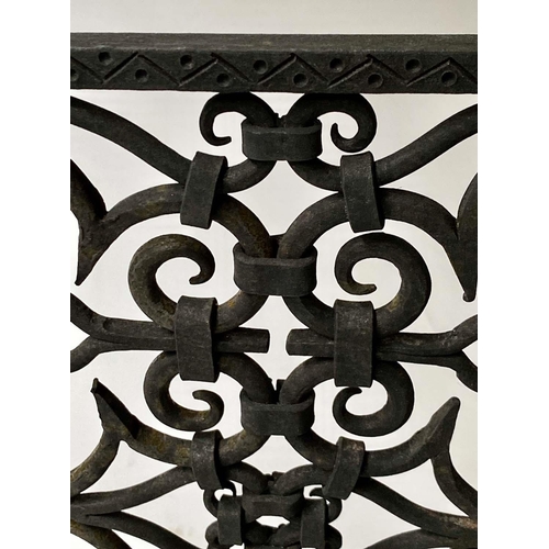 220 - FIREDOGS/FENDER, wrought iron with two fire dog ends and suspended grillwork fender, 141cm x 79cm H.