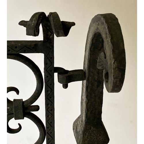 220 - FIREDOGS/FENDER, wrought iron with two fire dog ends and suspended grillwork fender, 141cm x 79cm H.