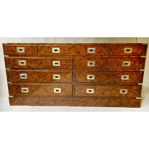 216 - LOW CAMPAIGN STYLE CHEST, George III style walnut with nine drawers, 150cm x 71cm H x 43cm.