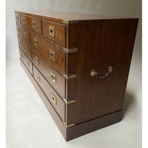 216 - LOW CAMPAIGN STYLE CHEST, George III style walnut with nine drawers, 150cm x 71cm H x 43cm.