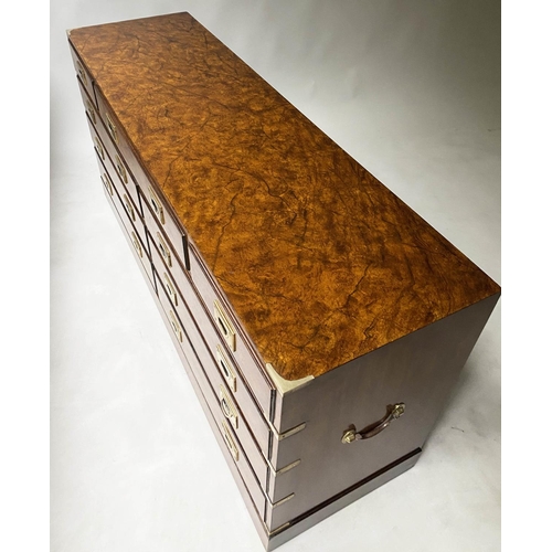 216 - LOW CAMPAIGN STYLE CHEST, George III style walnut with nine drawers, 150cm x 71cm H x 43cm.