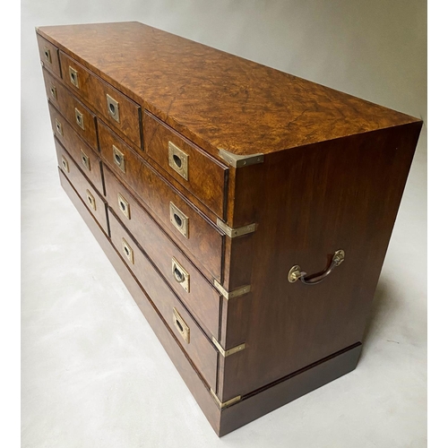 216 - LOW CAMPAIGN STYLE CHEST, George III style walnut with nine drawers, 150cm x 71cm H x 43cm.