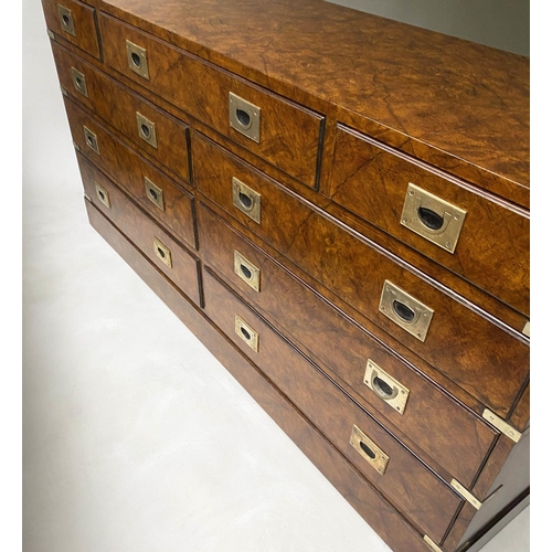 216 - LOW CAMPAIGN STYLE CHEST, George III style walnut with nine drawers, 150cm x 71cm H x 43cm.