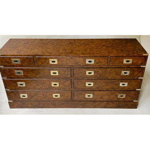 216 - LOW CAMPAIGN STYLE CHEST, George III style walnut with nine drawers, 150cm x 71cm H x 43cm.