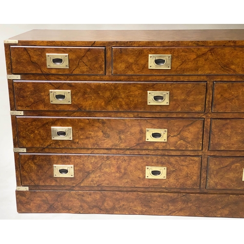 216 - LOW CAMPAIGN STYLE CHEST, George III style walnut with nine drawers, 150cm x 71cm H x 43cm.