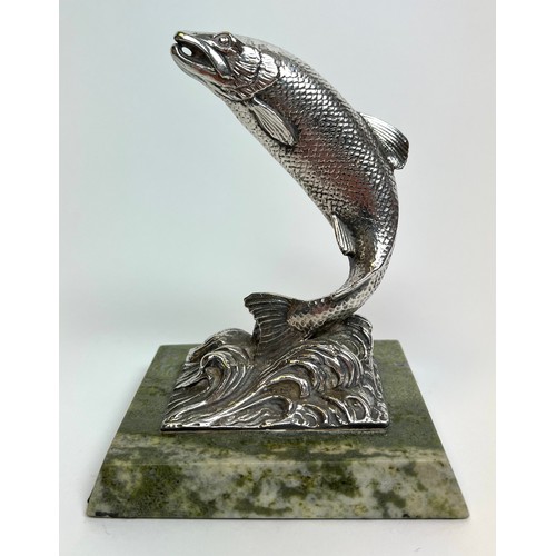 118 - LEAPING SALMON, Scottish Art Deco silver plate on marble plinth base, 14cm H