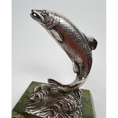 118 - LEAPING SALMON, Scottish Art Deco silver plate on marble plinth base, 14cm H