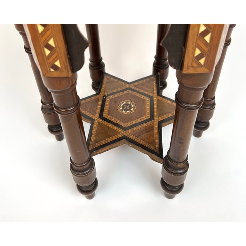 295 - SYRIAN OCCASIONAL TABLE, Damascus hexagonal inlaid hardwood with mihrab supports and star base, 47cm... 