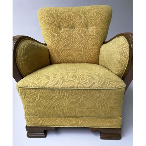 346 - DANISH ARMCHAIR, mid 20th century teak with cut buttoned yellow upholstery and curved arms, 70cm W.