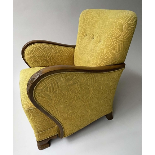 346 - DANISH ARMCHAIR, mid 20th century teak with cut buttoned yellow upholstery and curved arms, 70cm W.